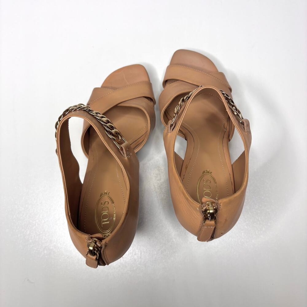 Tod’s Tan, Nude Leather Gold Chain Link Platform Heeled Sandals 39 - Picture 8 of 11